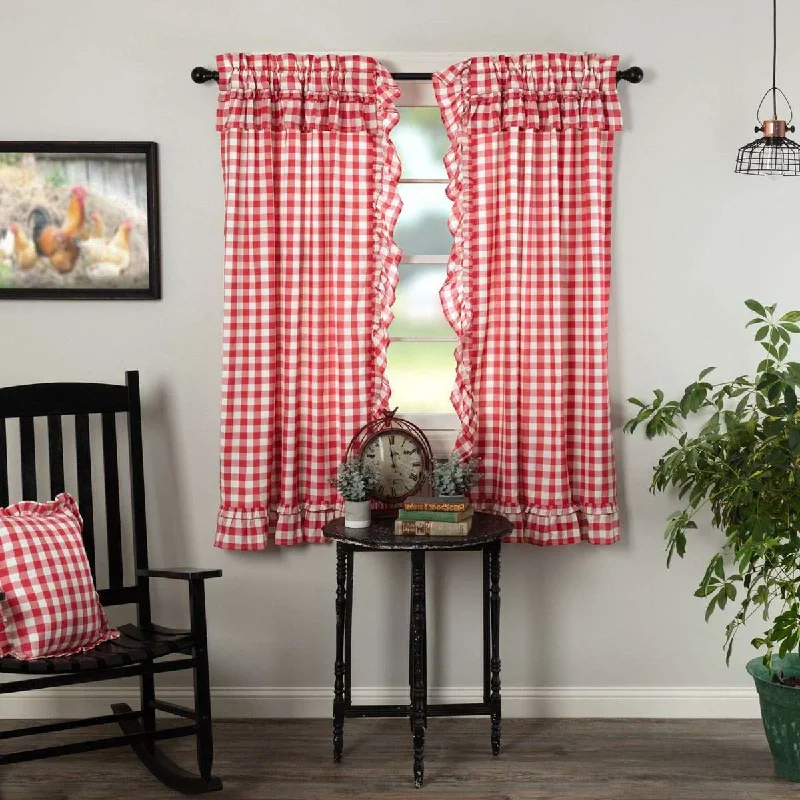 Annie Buffalo Red Check Ruffled Short Panel Curtain Set of 2 63"x36" VHC Brands