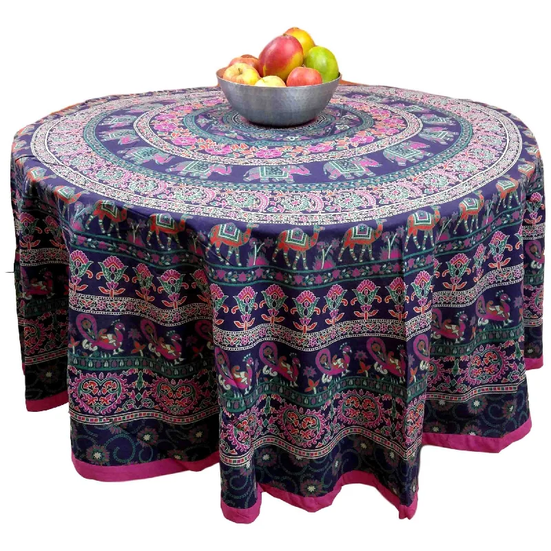 Handmade 100% Cotton Elephant Mandala Floral 81" Round Tablecloth Blue Pink Green Orange