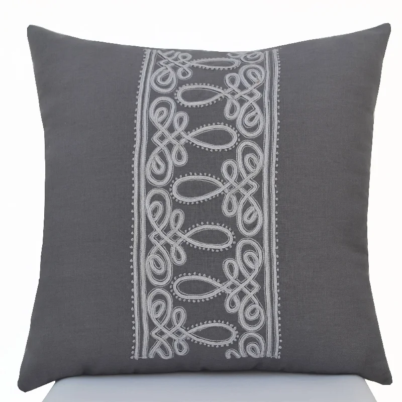 French, Cord Embroidery Gray Linen Pillow Case, Decorative Throw Pillow Cover, Cushion Cover