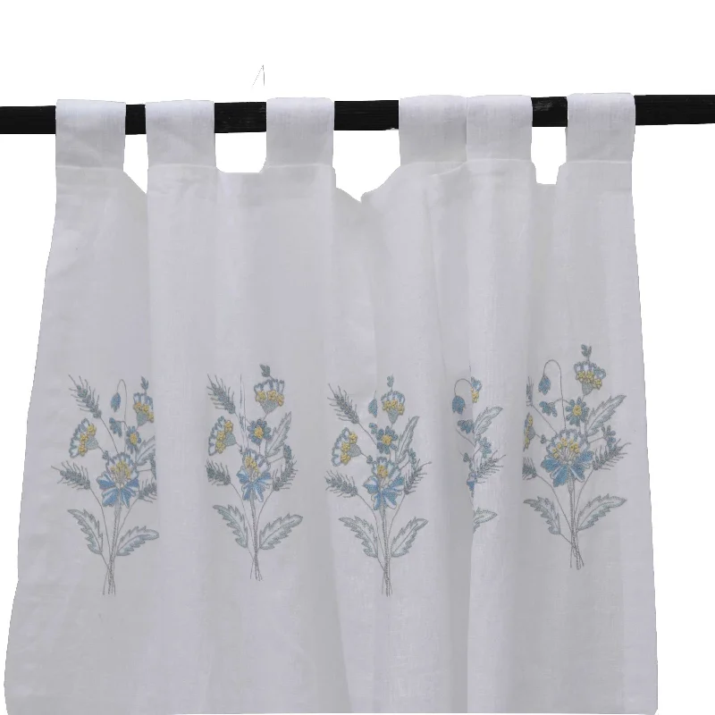 Linen Curtain With Flower Embroidery, Sheer Linen Window Treatment