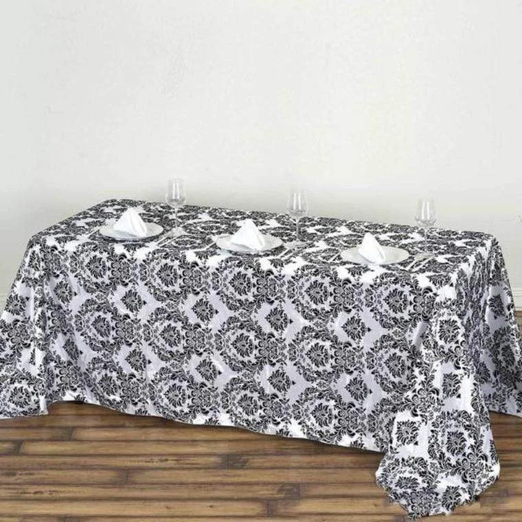 90" x 132" Damask Flocking Rectangular Tablecloth - Black and White