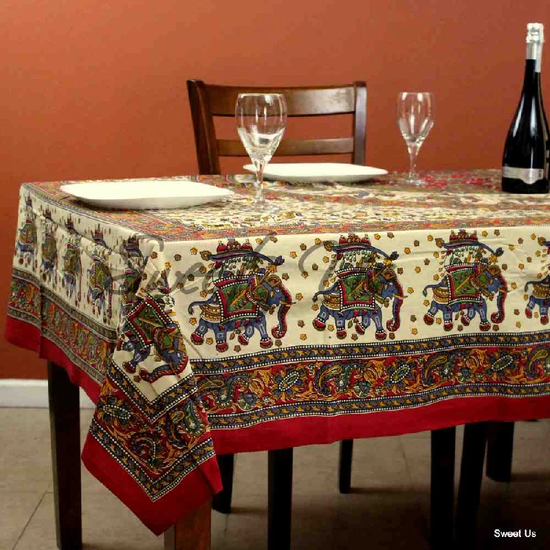 Cotton Elephant Mandala Floral Tablecloth Rectangle Red Beige Green Blue