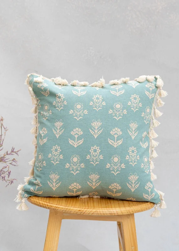 Dahlia Printed 100% cotton floral cushion cover for sofa with tassels - Nile Blue