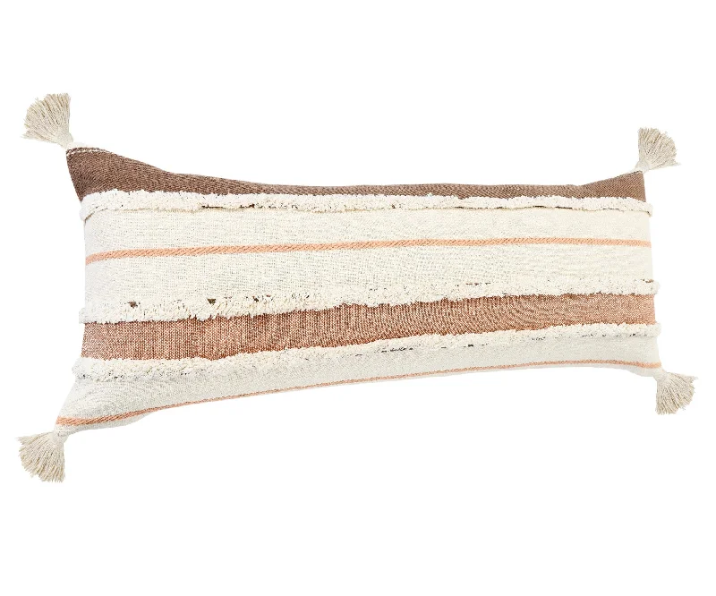 14" X 36" Brown And Off-White 100% Cotton Striped Zippered Pillow