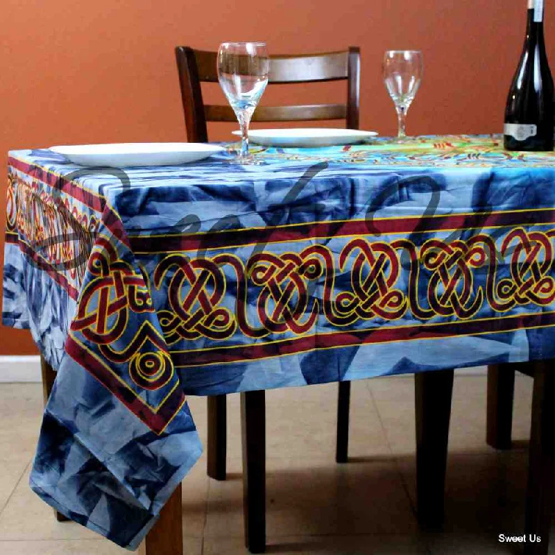 Cotton Batik Celtic Circle Wheel Of Life Tablecloth Rectangle Blue Red Yellow