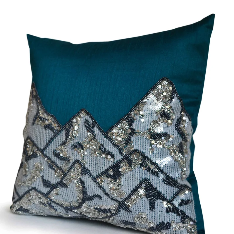 Sparkling Snow Covered Mountains On Teal Silk Decorative Pillow Cover