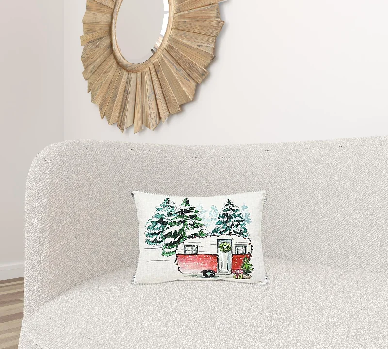 13" X 18" White Green And Red Zippered Polyester Christmas Holiday Van Throw Pillow