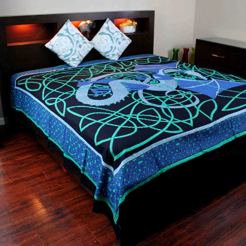 Cotton Celtic Dragon Tablecloth Rectangle Tapestry Sheet Black Blue Green