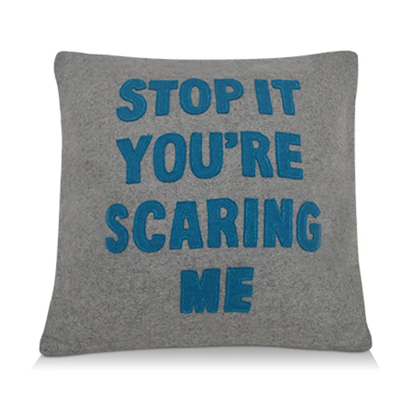 Stop It You’re Scarring Me Quote Pillow Cover -Felt Pillow Cover -Blue Applique On Grey Felt Pillow Cover