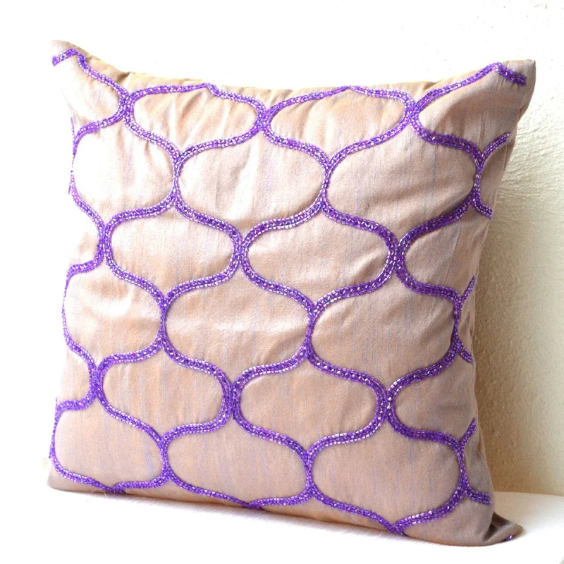 Sashiko Fishing Net Beaded Geometric Purple Silk Pillow Cover Faux Silk Cushion