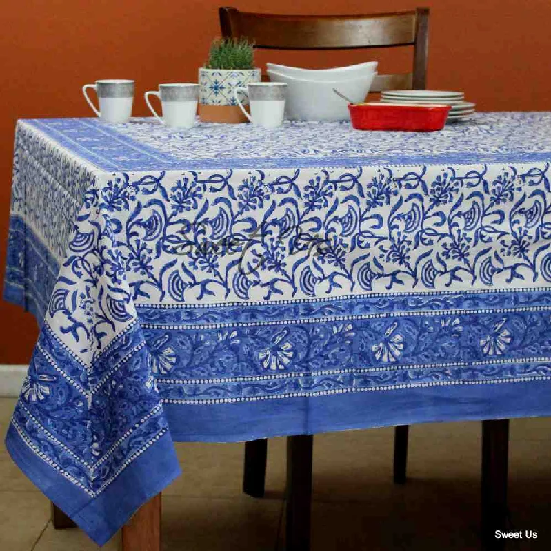 Begonia Floral Cotton Block Print Tablecloth Rectangle, Sky Petals