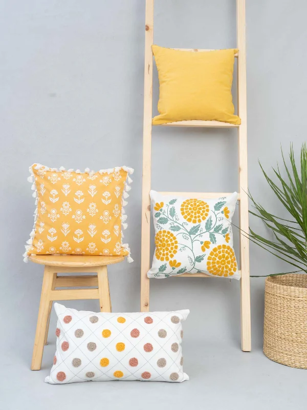 Dahlia Yellow, Mystique Marigold, Dainty Dots Yellow , Solid Mustard Set Of 4 Combo Cotton Cushion Cover - Yellow