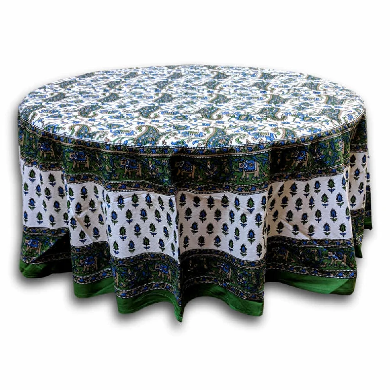 Cotton Elephant Print Floral Paisley Tablecloth Round 72 inches Green Blue White