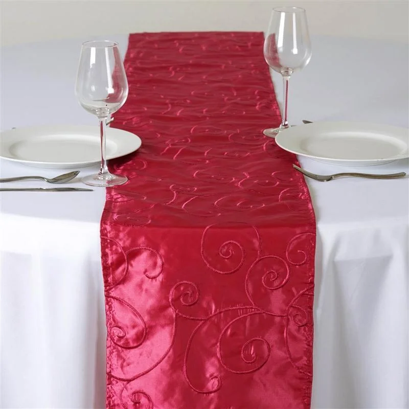 Embroidered Swirls Pattern on Taffeta Table Runner - Fuchsia