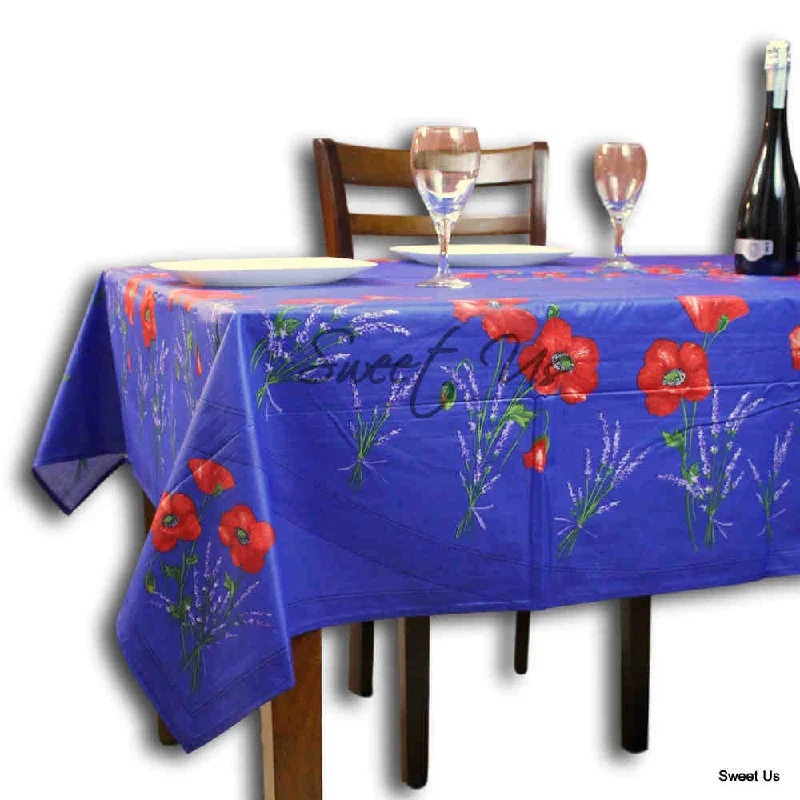 Wipeable Tablecloth Rectangle Spillproof French Acrylic Coated Poppy, Blue