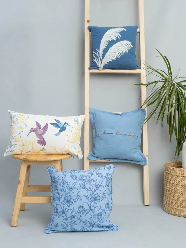 Humming Birds, French Farmhouse, Powder Blue Linen , Pampas Grass Set Of 4 Combo Cotton Cushion Cover - Blue