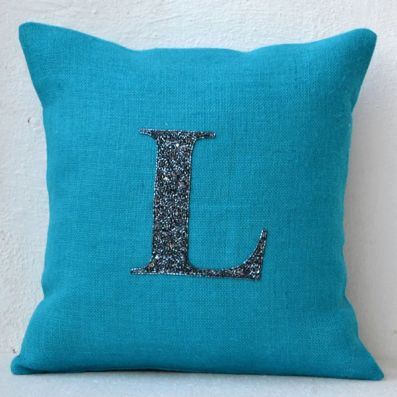 Customized Monogram In Spakeling Black Beads Sequin On Turquoise Blue Burlap Decorative Throw Pillow Cover